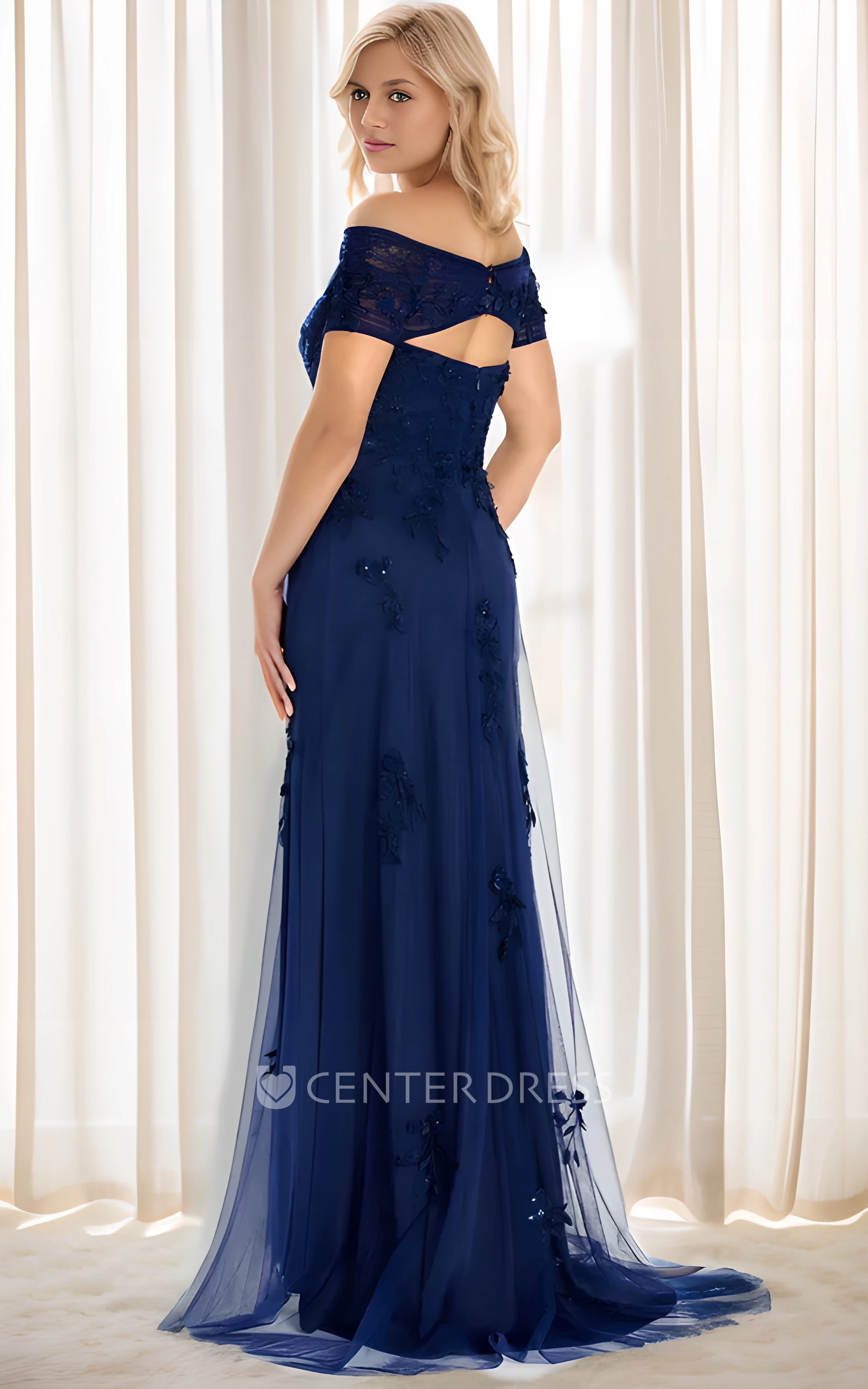 Modern Sheath Women Dress Off-the-shoulder with Tulle Floor-length Short Sleeve Appliques