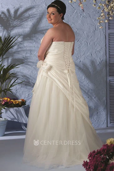 Strapless Lace-up Taffeta Wrapped Bridal Gown With Flower And Tulle Skirt