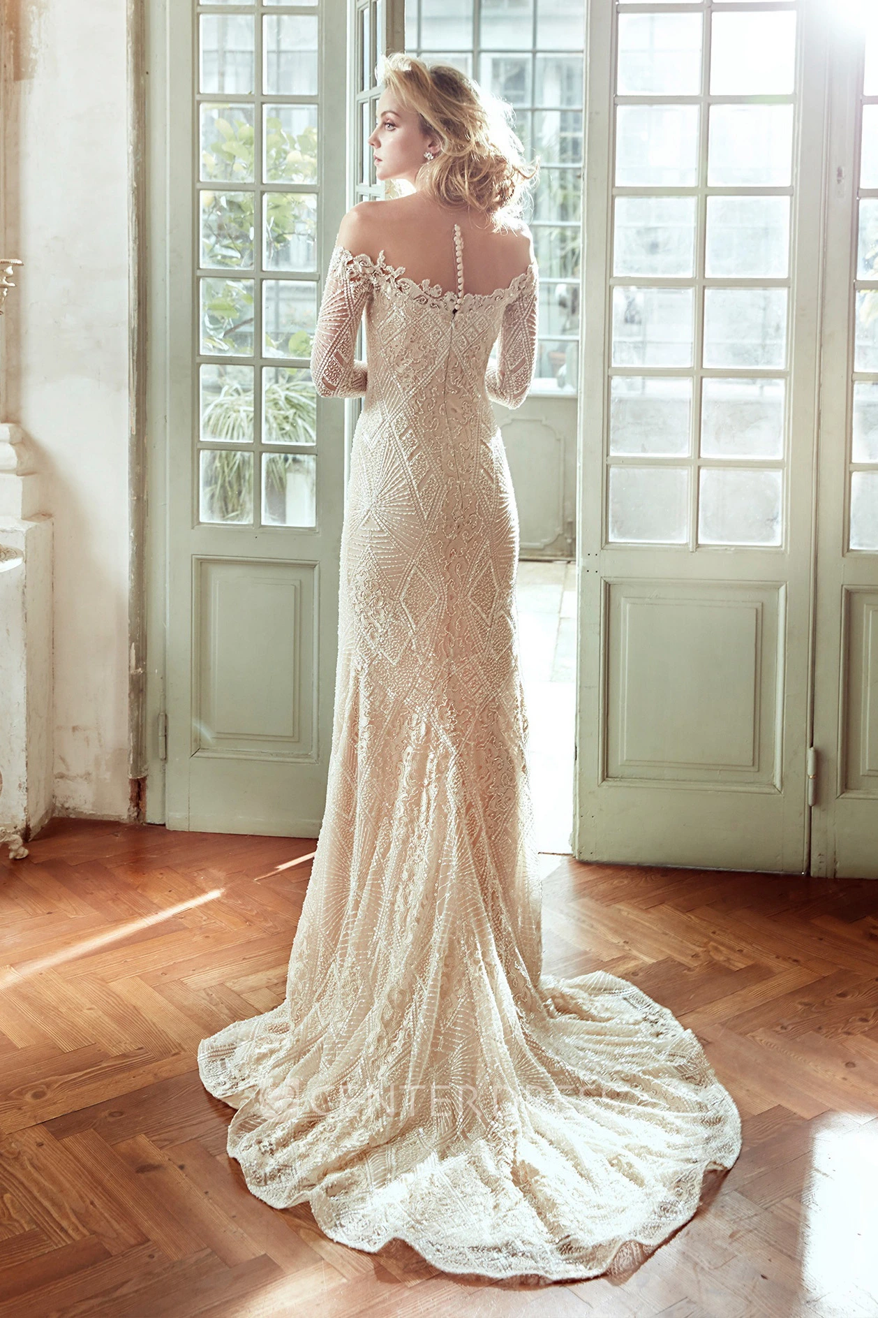 Off-Shoulder Sheath Lace Wedding Dress with Side Split and Long Sleeves
