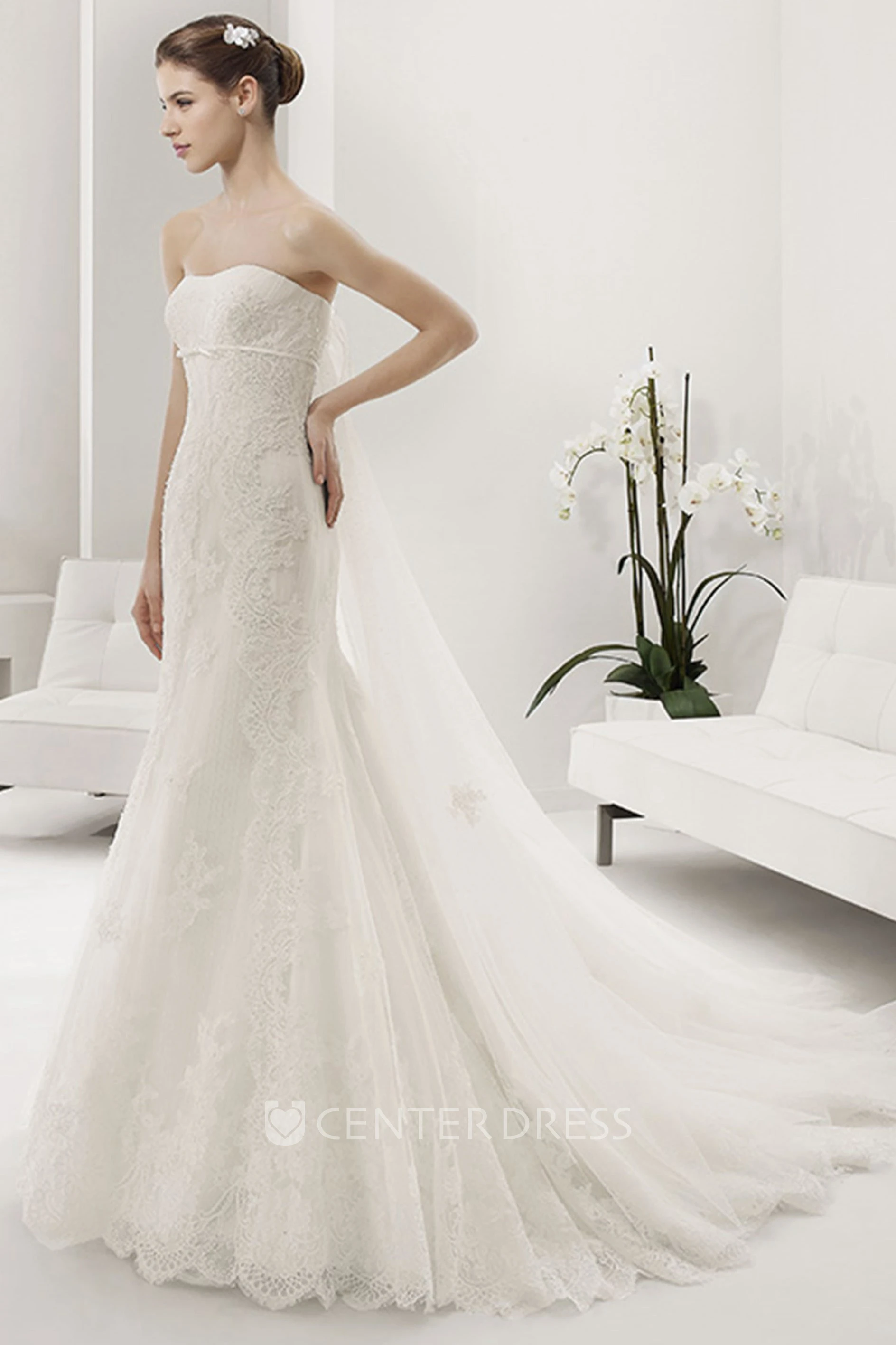 Strapless Allover Lace Sheath Bridal Gown With Sash
