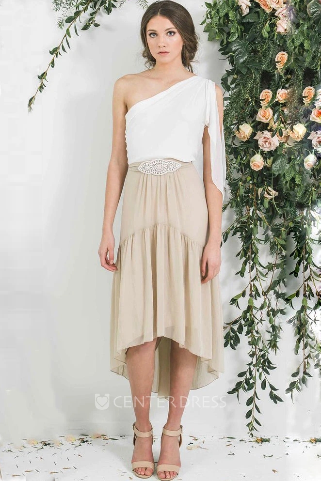 High-Low Jeweled One-Shoulder Sleeveless Chiffon Bridesmaid Dress