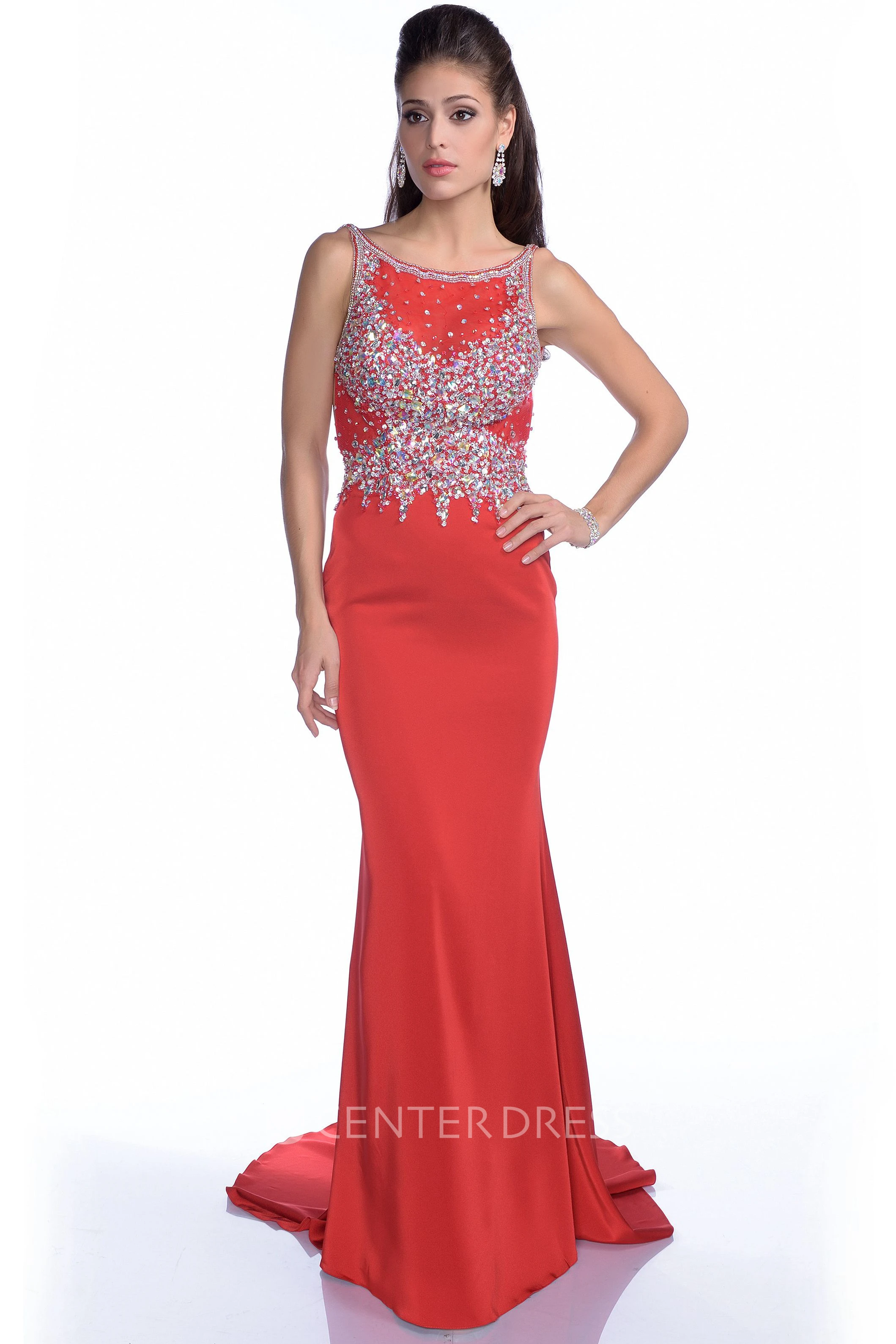 Sheath Chiffon Sleeveless Prom Dress With Bateau Neckline And Sequined Bodice