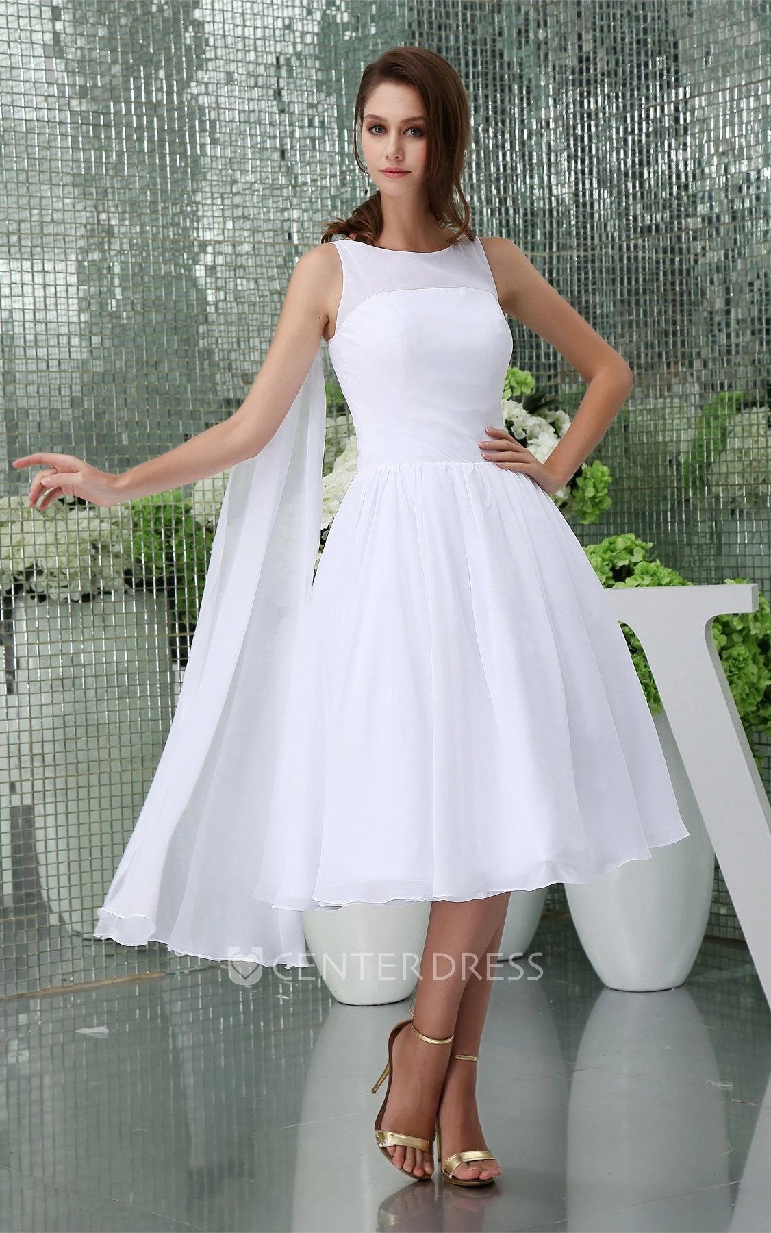 Sleeveless Chiffon A-Line Tea-Length Dress with Pleats