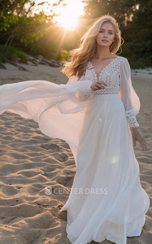 Vintage Bohemian Chiffon Lace A-Line Floor-length Plunging Neckline Winter Wedding Dress Romantic Elegant Beach Puff Long Sleeve V Back Winter Bridal Dress