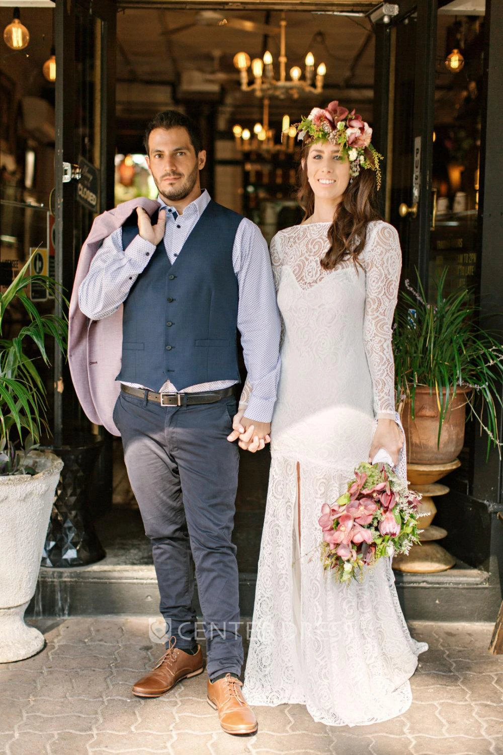 High-Neck Long Sleeve Mermaid Lace Wedding Dress With Split Front