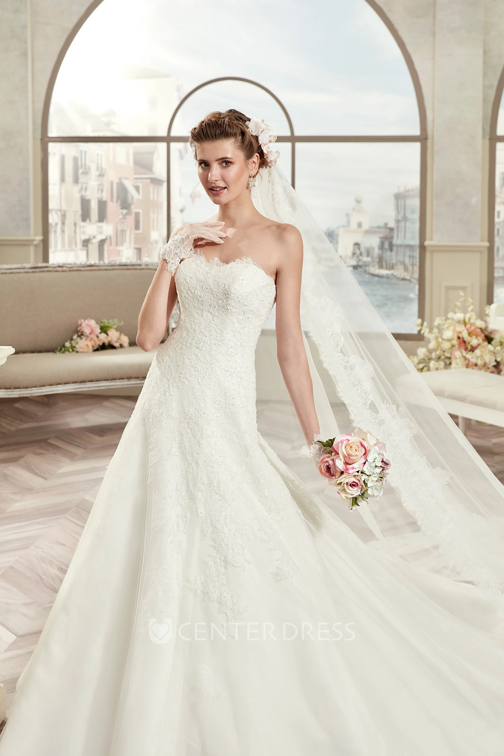 Strapless A-Line Lace Bridal Gown With Open Back And Brush Train