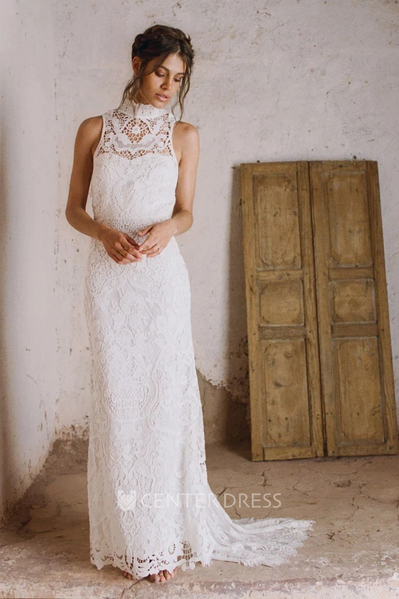 Sexy Lace High Neck Sleeveless Keyhole Back Bridal Gown