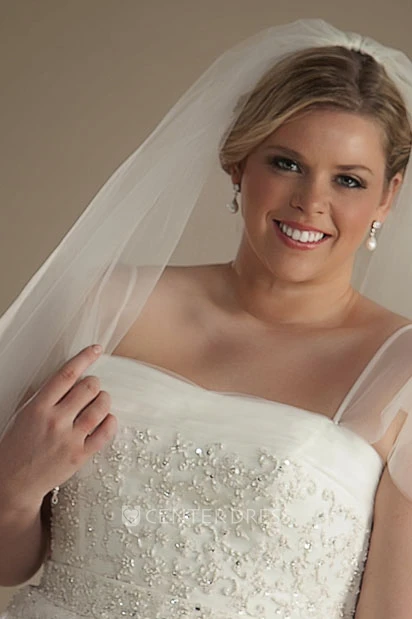 Ball Gown Maxi Spaghetti Poet-Sleeve Appliqued Tulle Plus Size Wedding Dress With Beading