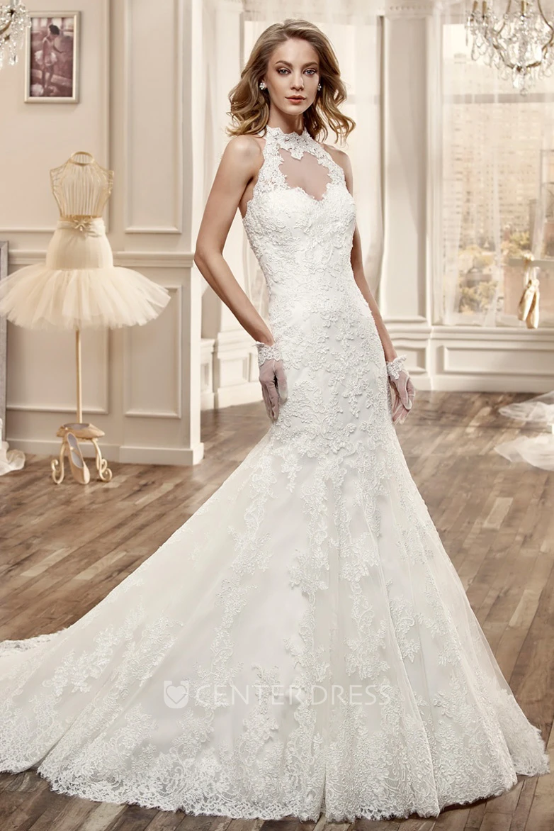 High-Neck Mermaid Lace Wedding Dress With Appliques And Brush Train