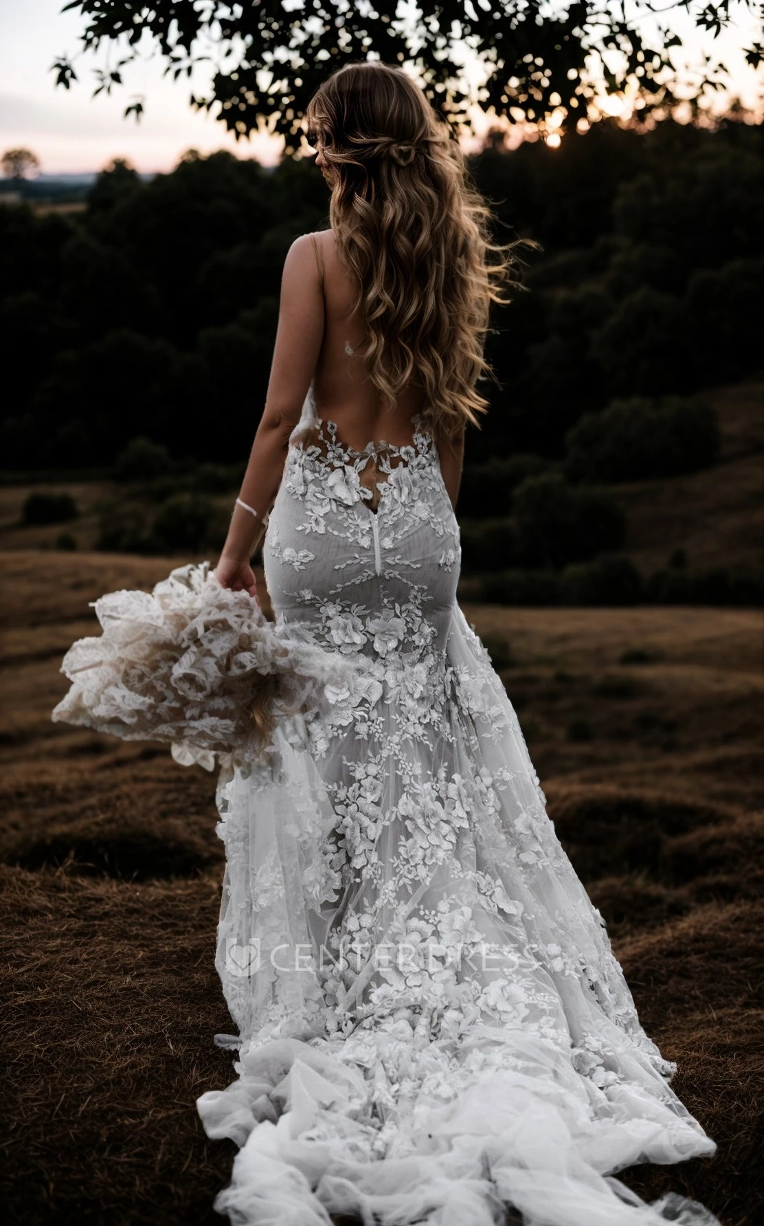Gorgeous Lace Petals Mermaid Sexy V-Neck Straps Sleeveless Backless Illusion Country Long Trailing Wedding Dress