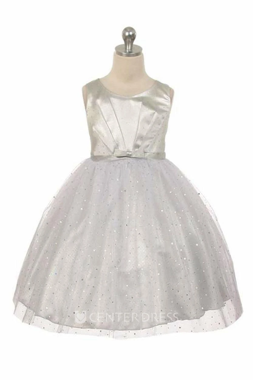 Tea-Length V-Neck Pleated Tulle&Sequins Flower Girl Dress With Tiers