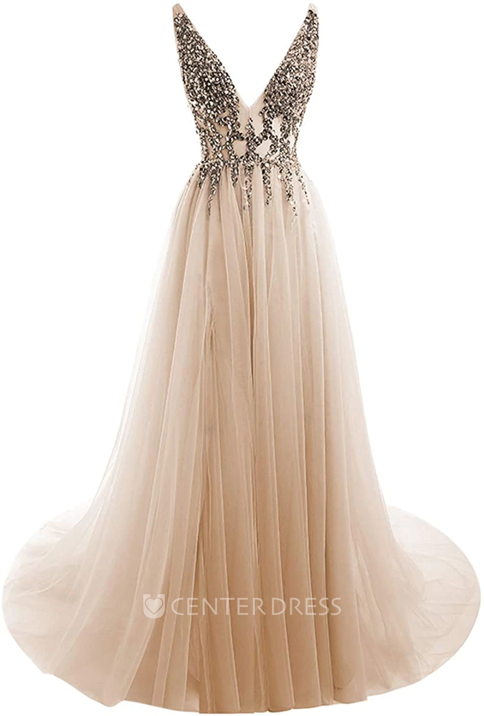 Tulle Floor-length Court Train V-neck A Line Sleeveless Prom Dress With Beading