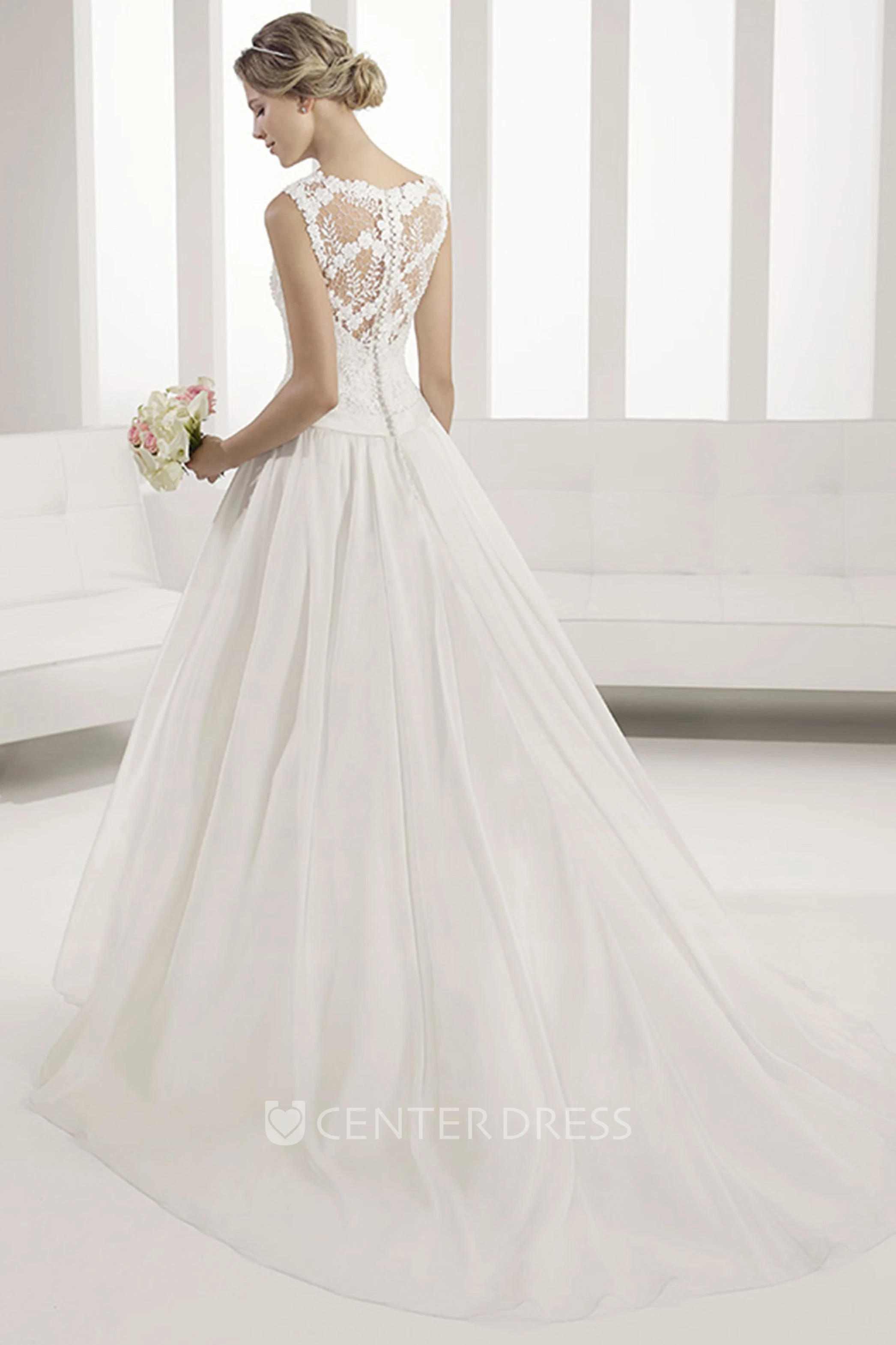 Appliqued Floral Scoop Neck A-line Taffeta Wedding Gown