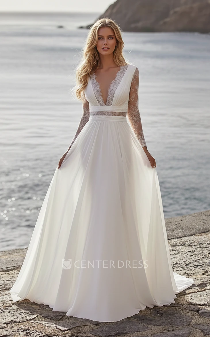 Long Sleeve Lace Plunging V-neck Pleated Bohemian A-Line Floor-length Spring Wedding Dress Gown