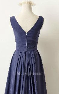 A-Line V-Neck Chiffon Dress With Pleats