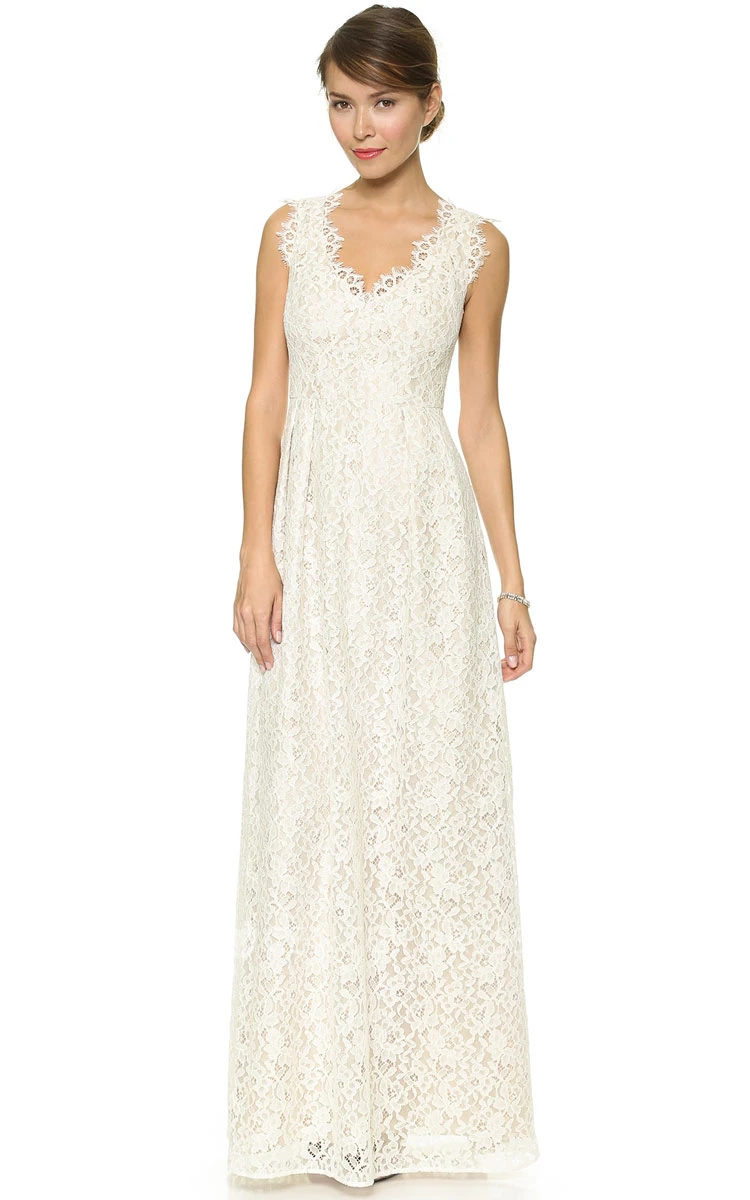 Low-V Neckline Sheath Lace Floor-length Dress With Side Draping