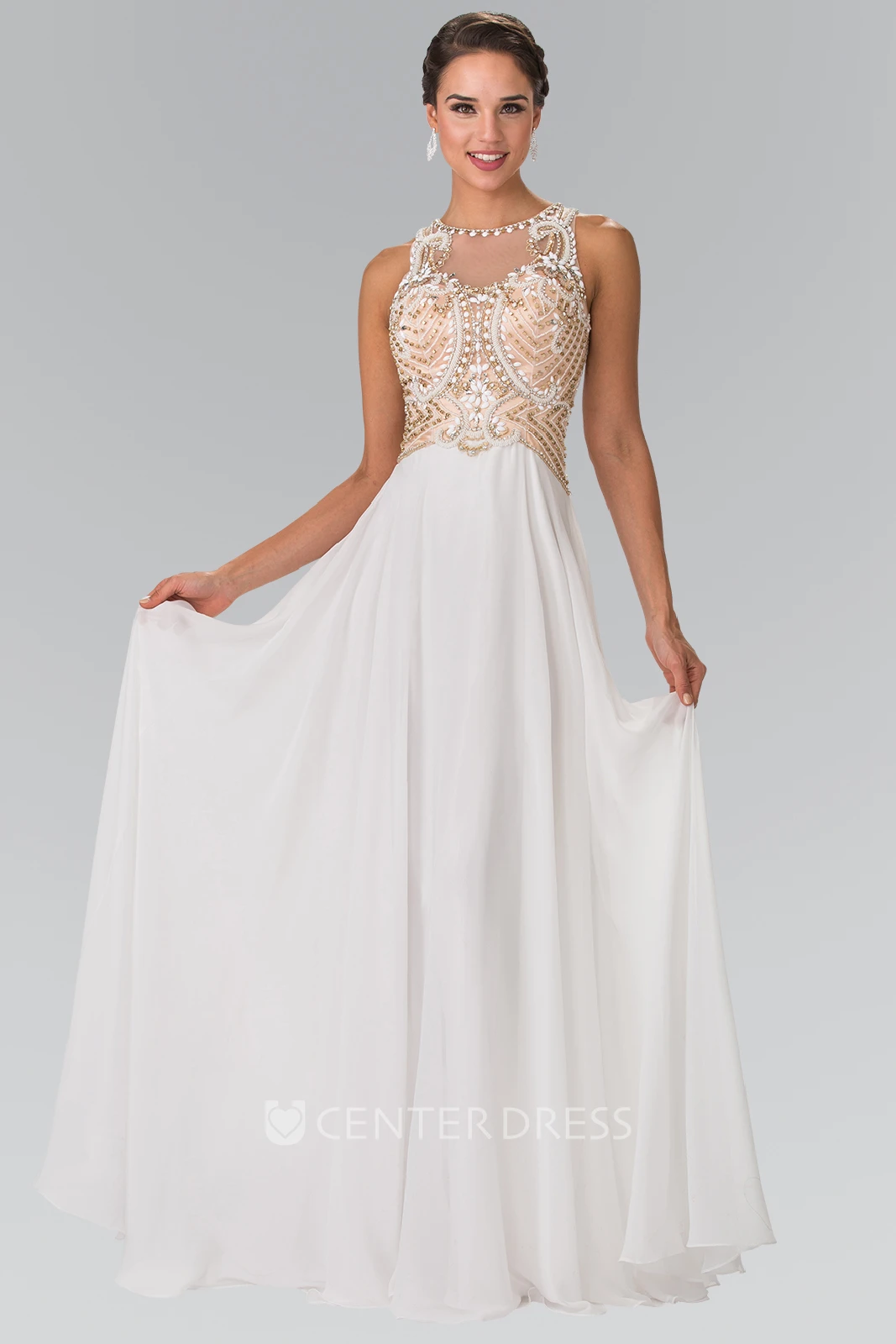 Sheath Long Jewel-Neck Sleeveless Chiffon Illusion Dress With Beading