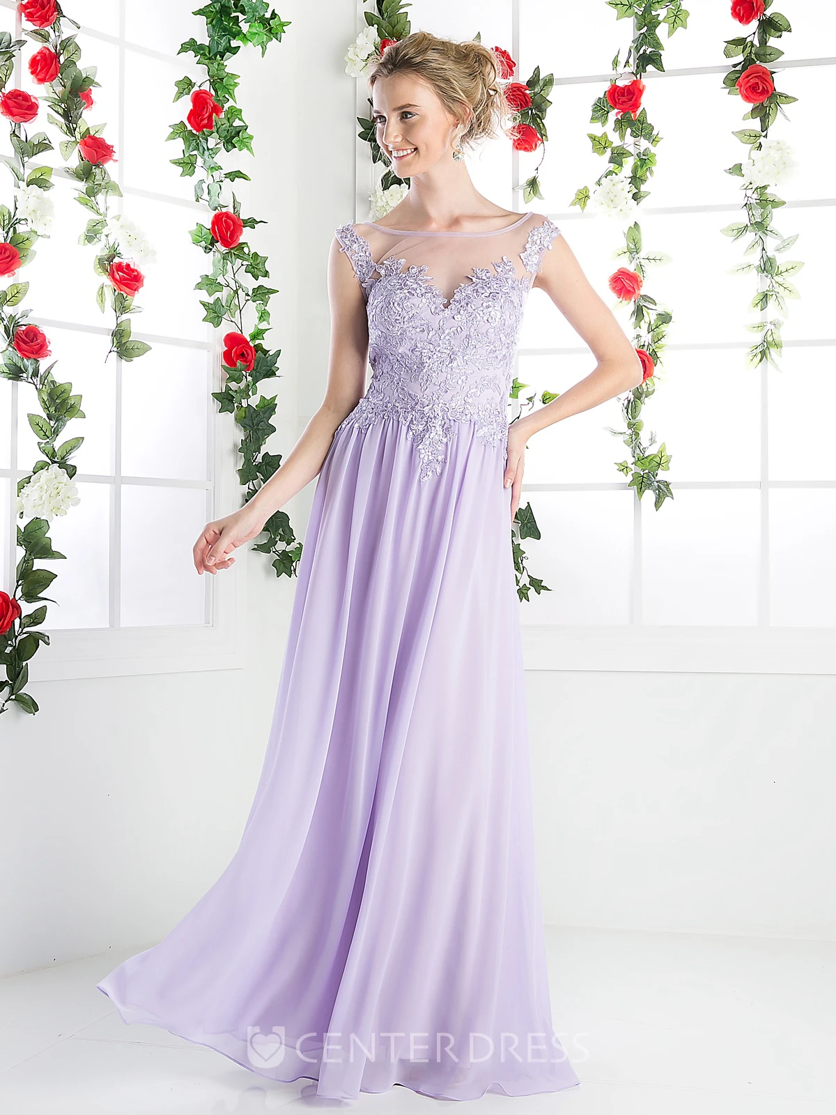 Sheath Ankle-Length Scoop-Neck Sleeveless Chiffon Illusion Dress With Appliques