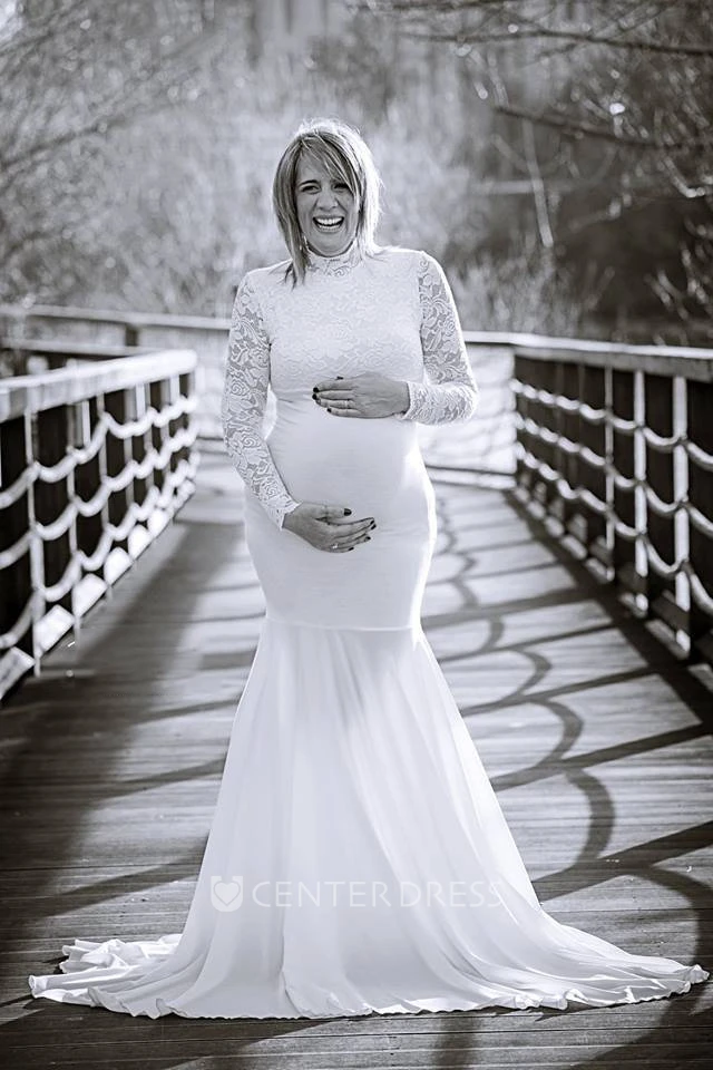 Mermaid Trumpet Sweep Brush Train Long Sleeve Empire Maternity Wedding Dress