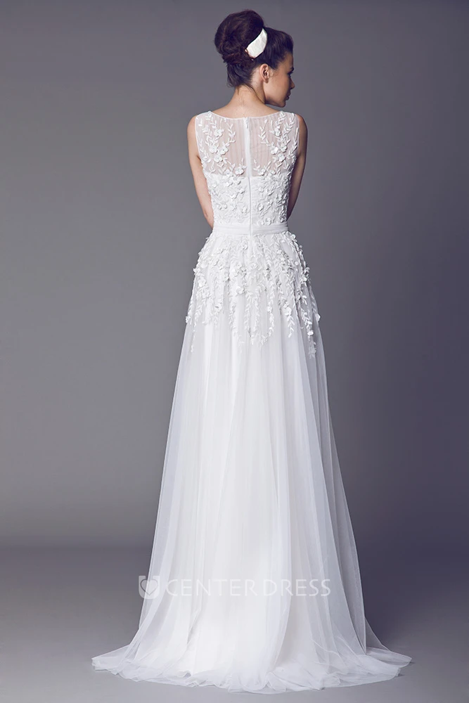 A-Line Long Sleeveless Appliqued Bateau Tulle Wedding Dress With Illusion Back And Pleats
