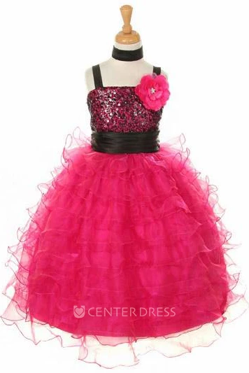 Ankle-Length Cape Floral Sequins&Organza Flower Girl Dress With Sash