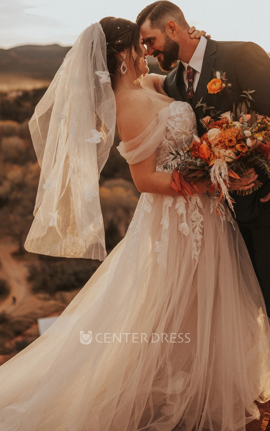 A-Line Off-Shoulder Tulle Wedding Dress with Train Elegant Romantic