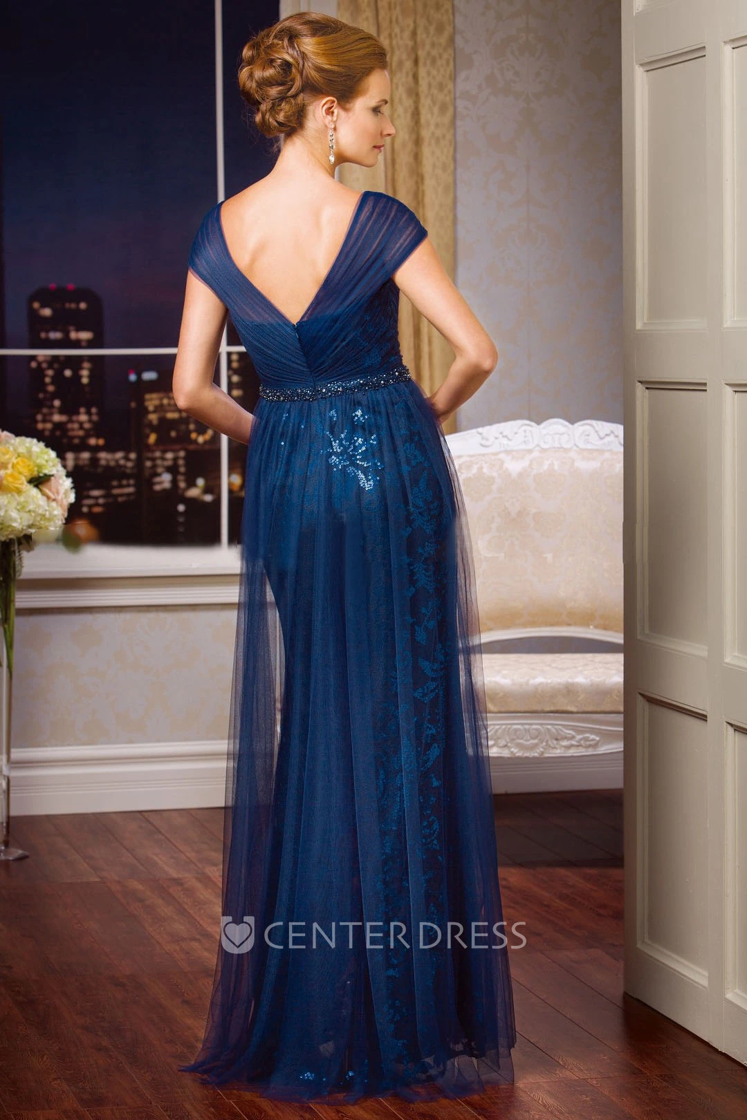 Cap-Sleeved V-Neck Long Mother Of The Bride Dress With Sequins And Tulle Overlay