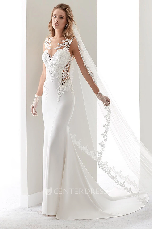 Sweetheart Brush-Train Sheath Gown With Appliques Straps And Illusion Details