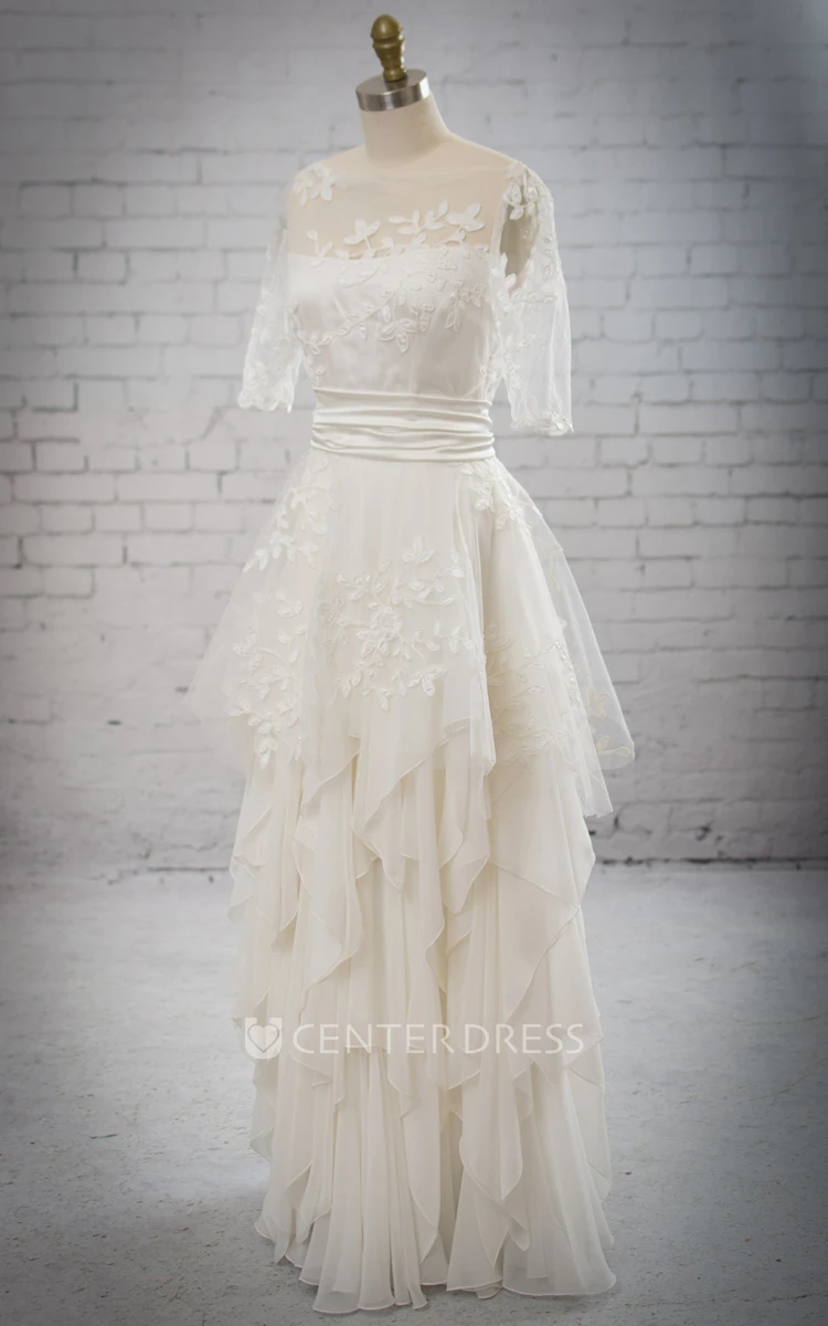 Stunning Illsion Neck Half-sleeved Cascading Ruffled Dress With Removable Embriodery Peplum