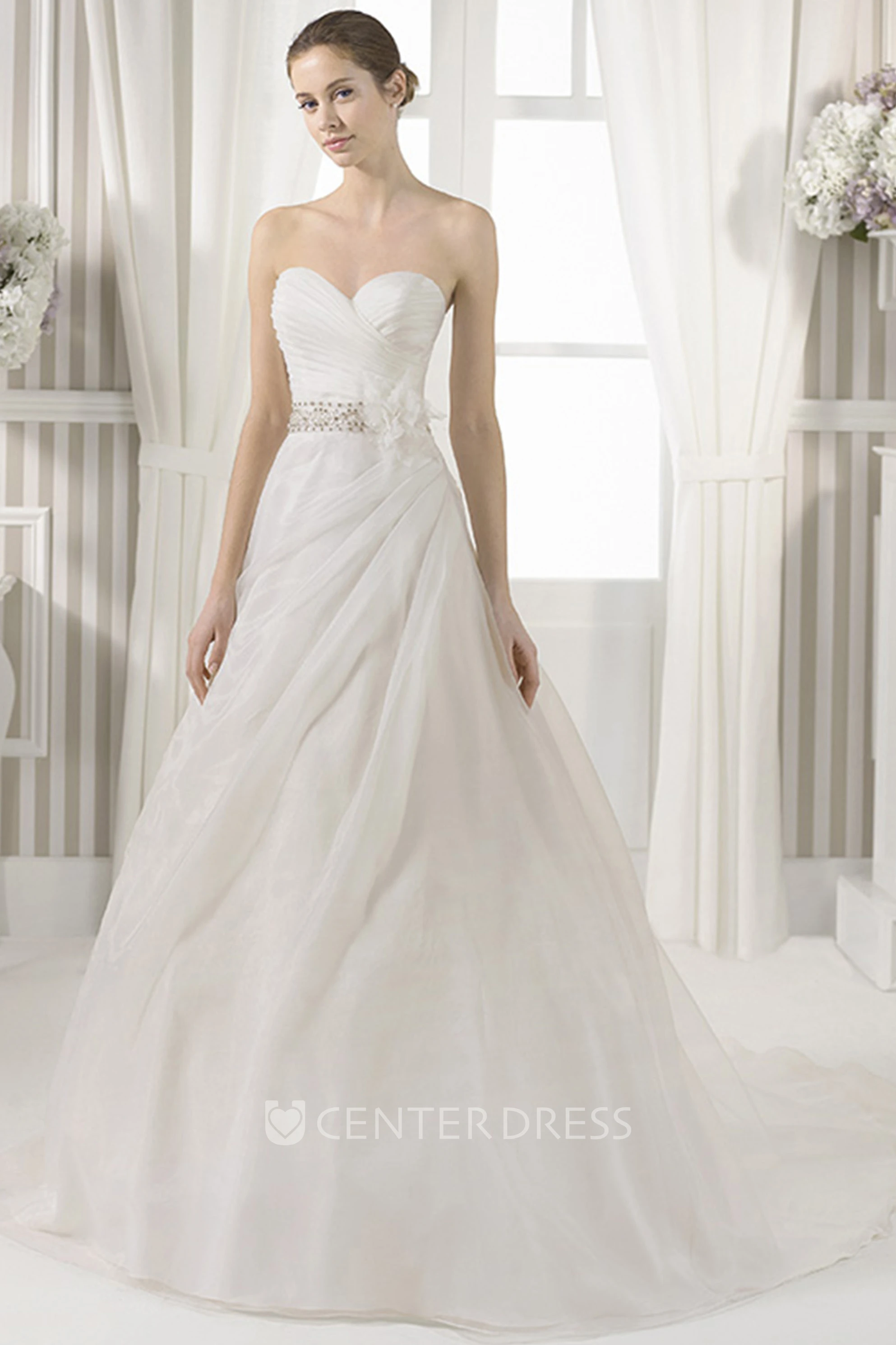 A-Line Jeweled Sweetheart Satin Wedding Dress With Criss Cross And Flower