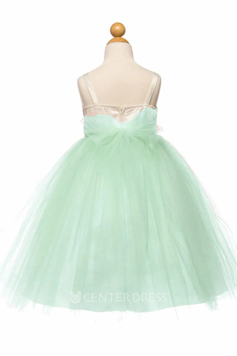 Tea-Length Spaghetti Empire Tiered Tulle&Satin Flower Girl Dress