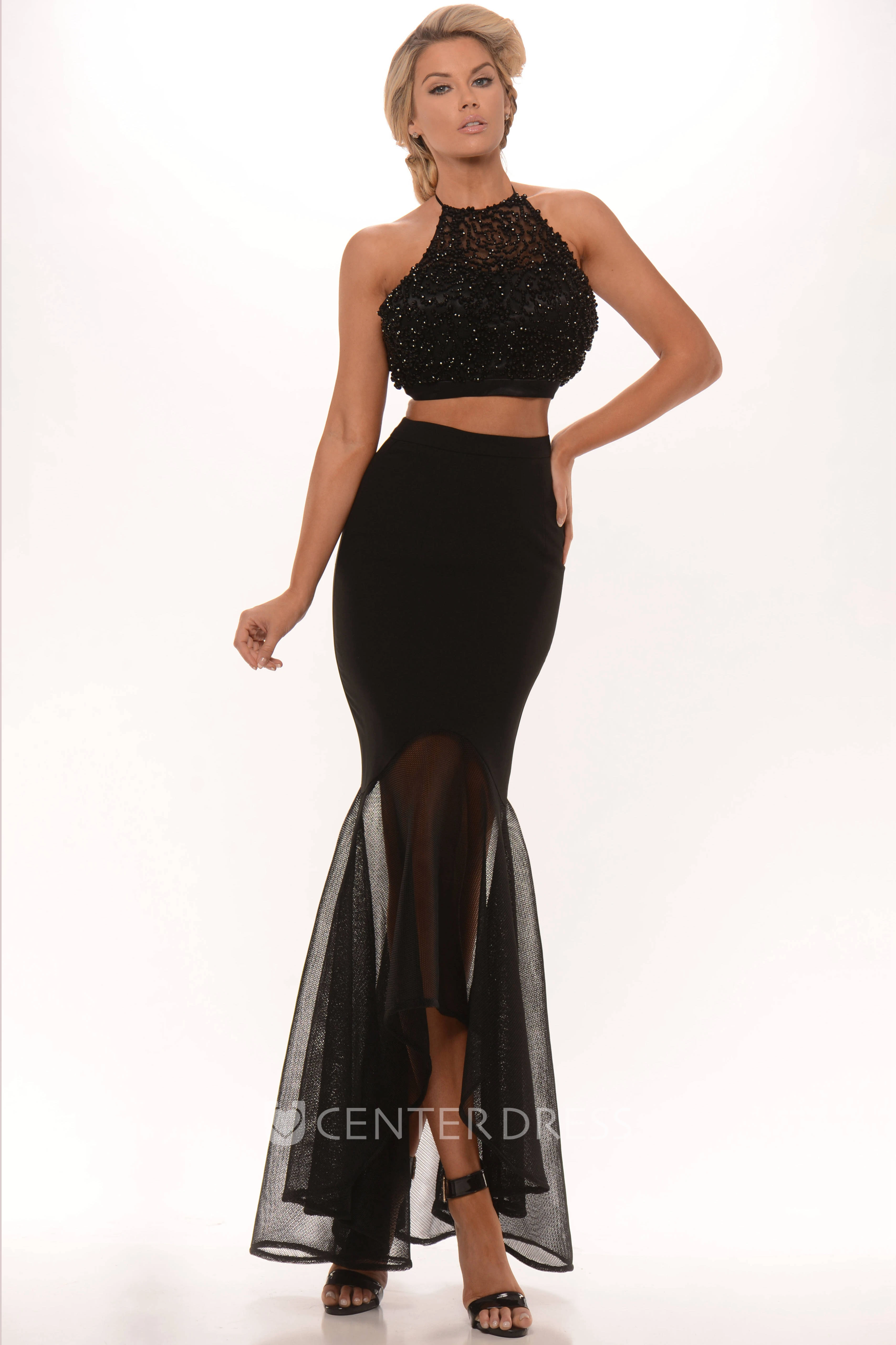 Trumpet High Neck Split-Front High-Low Sleeveless Prom Dress With Sequins