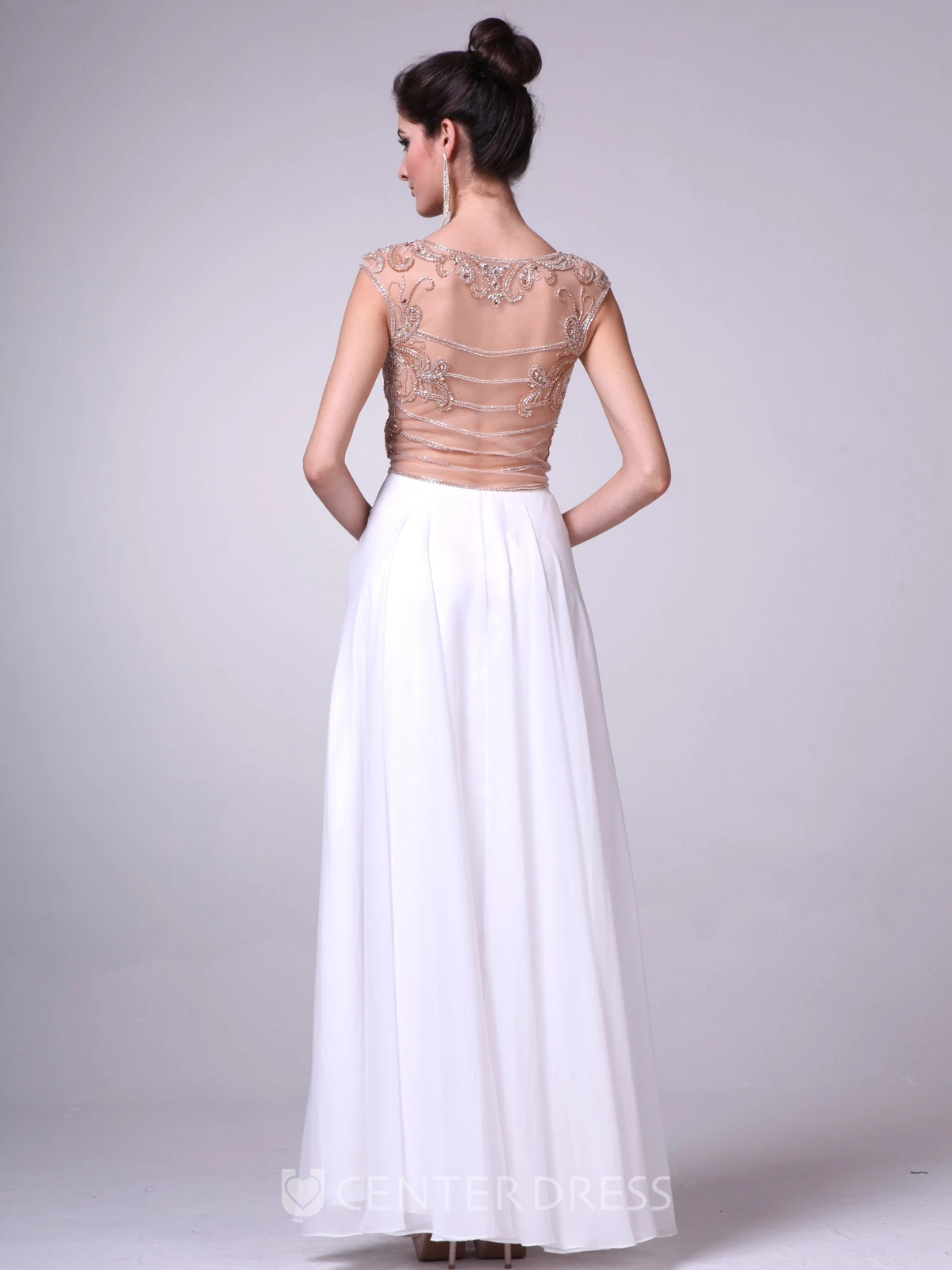 A-Line Ankle-Length Scoop-Neck Cap-Sleeve Illusion Dress With Beading