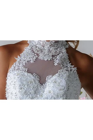 Halter Style Bridal Gown With Appliqued Top And Tulle Skirt