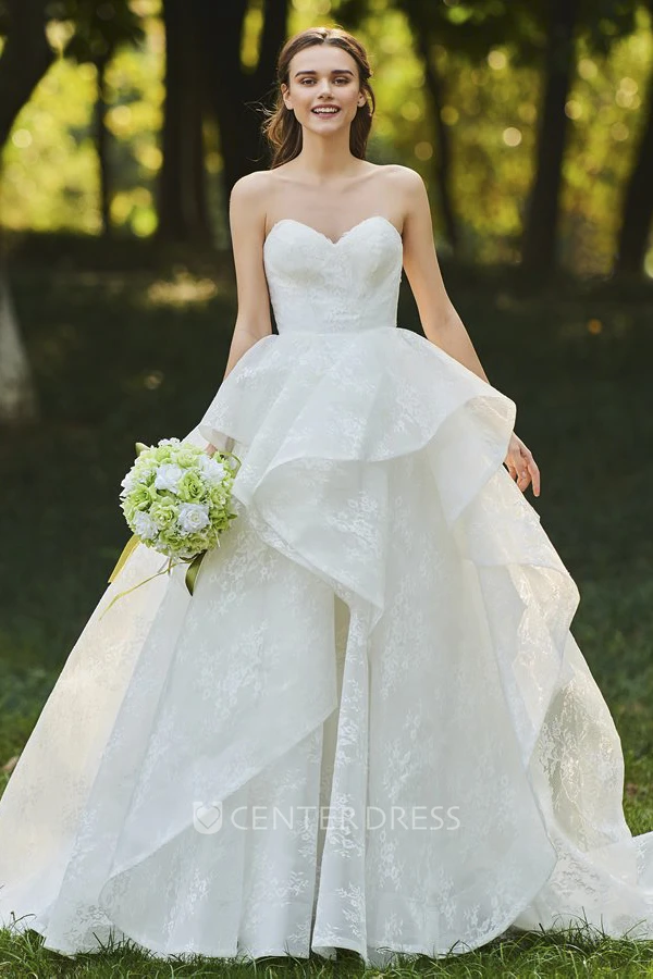 Lace Sweetheart Cascading Ruffles Sleeveless Open Back Bridal Ball Gown