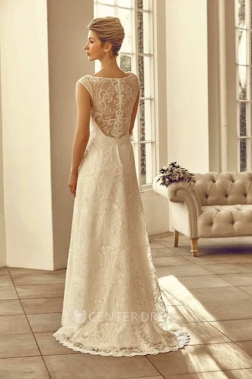 Floor-Length Bateau Cap-Sleeve Appliqued Lace Wedding Dress
