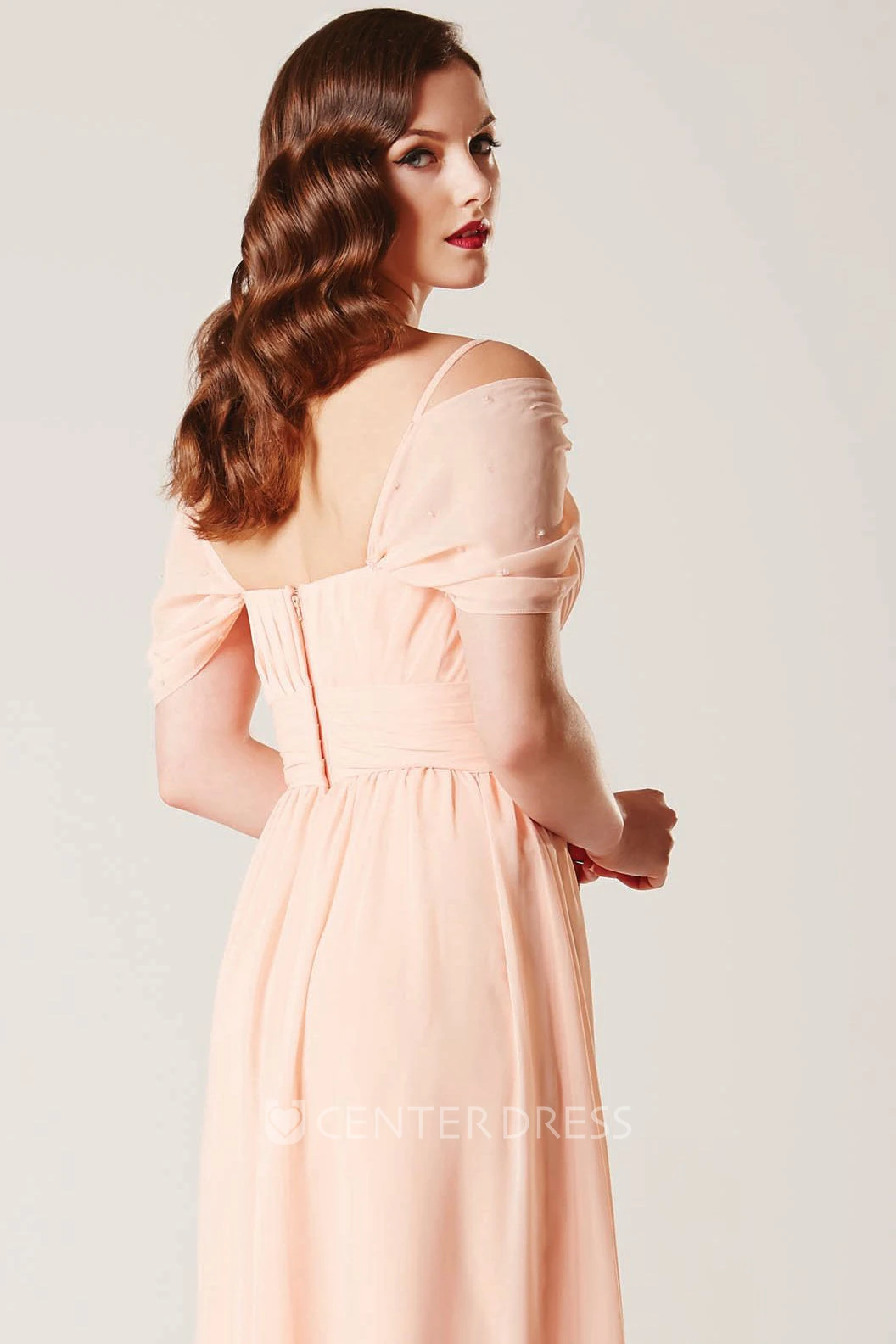 Sheath Cap Sleeve V-Neck Ruched Chiffon Bridesmaid Dress
