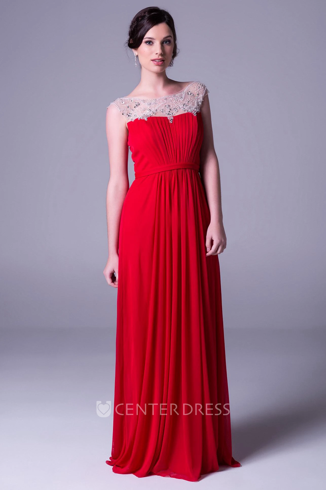 Sheath Bateau-Neck Beaded Cap-Sleeve Floor-Length Chiffon Prom Dress With Pleats