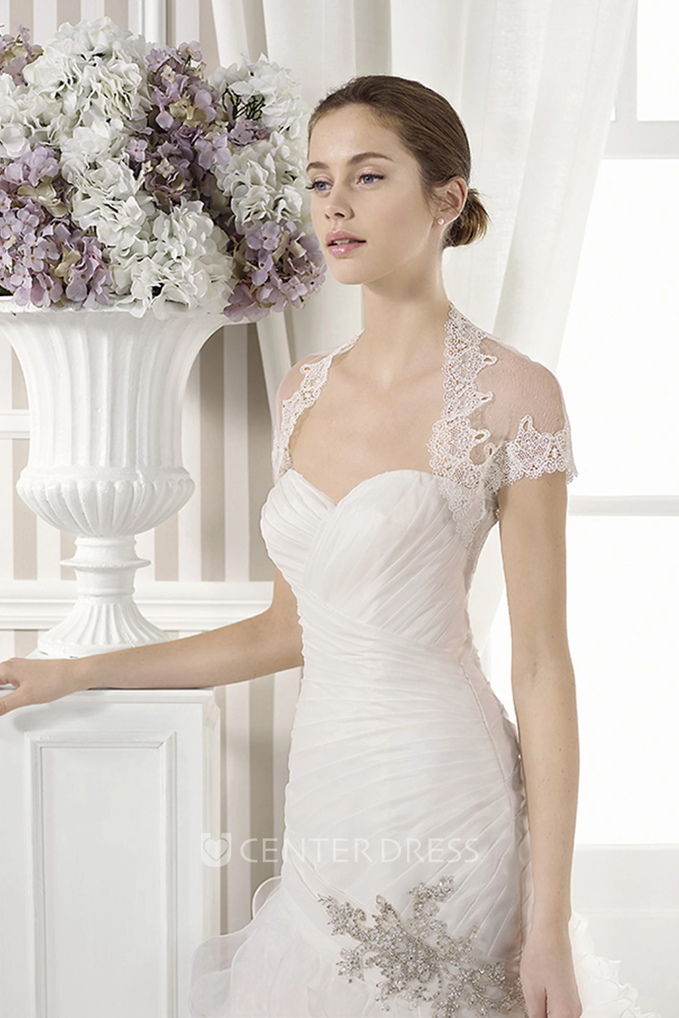 Mermaid Sweetheart Ruffled Organza Wedding Dress With Criss Cross And Cape