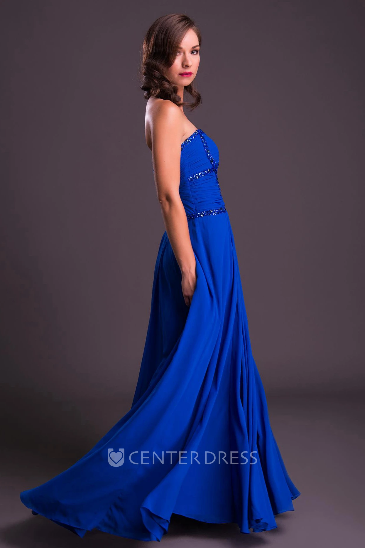 Floor-Length Strapless Beaded Chiffon Bridesmaid Dress