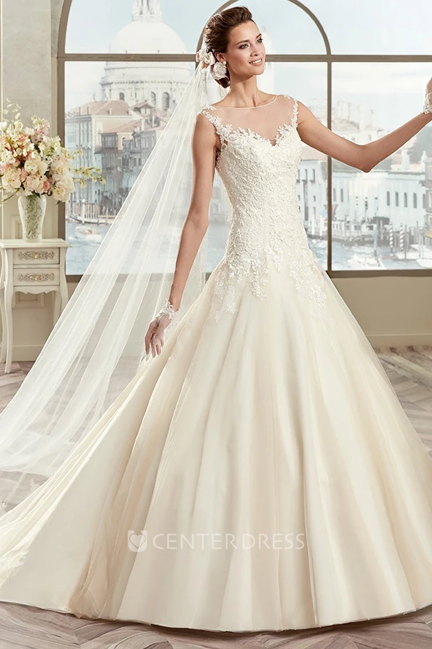 Classic Cap sleeve A-line Wedding Gown with Illusive Design and Brush Train 