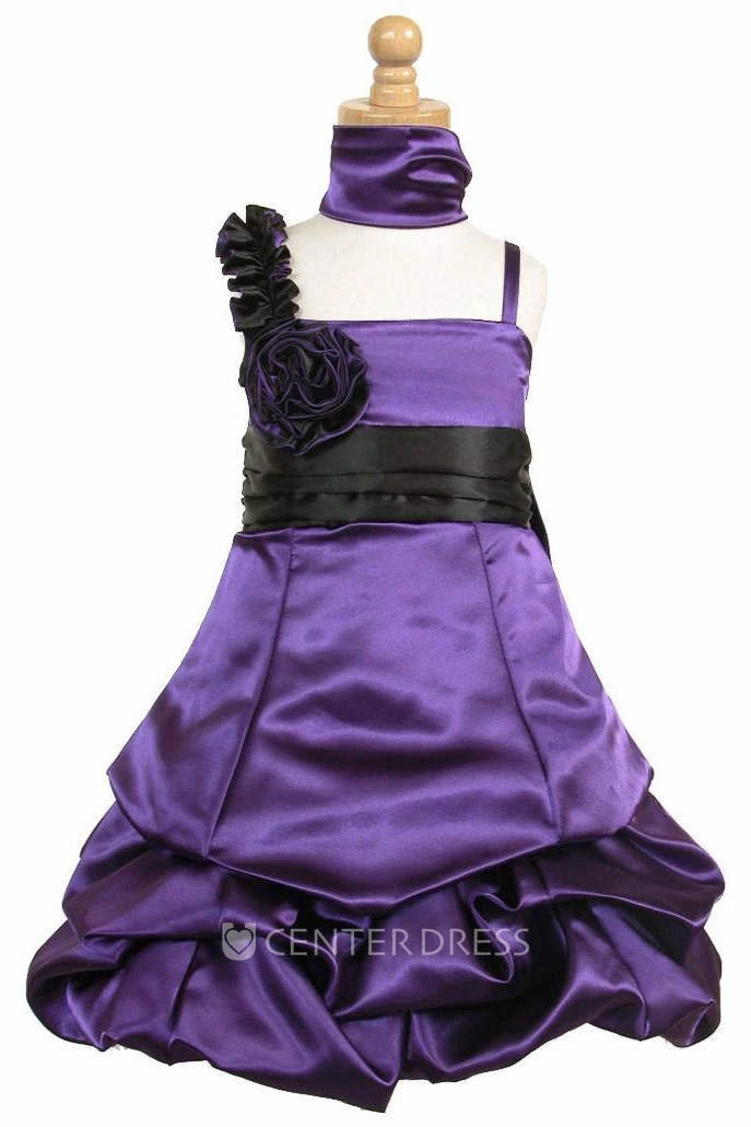 Midi Cape Floral Ruched Satin Flower Girl Dress With Ribbon