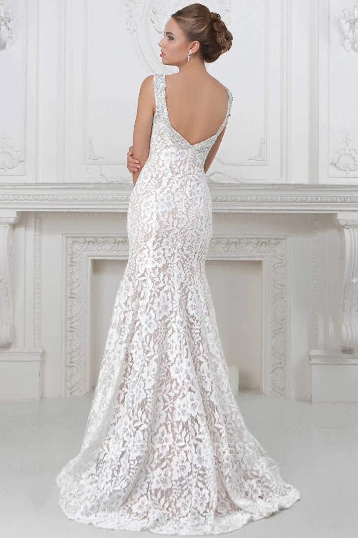 Sheath Long Sleeveless V-Neck Beaded Lace&Satin Wedding Dress
