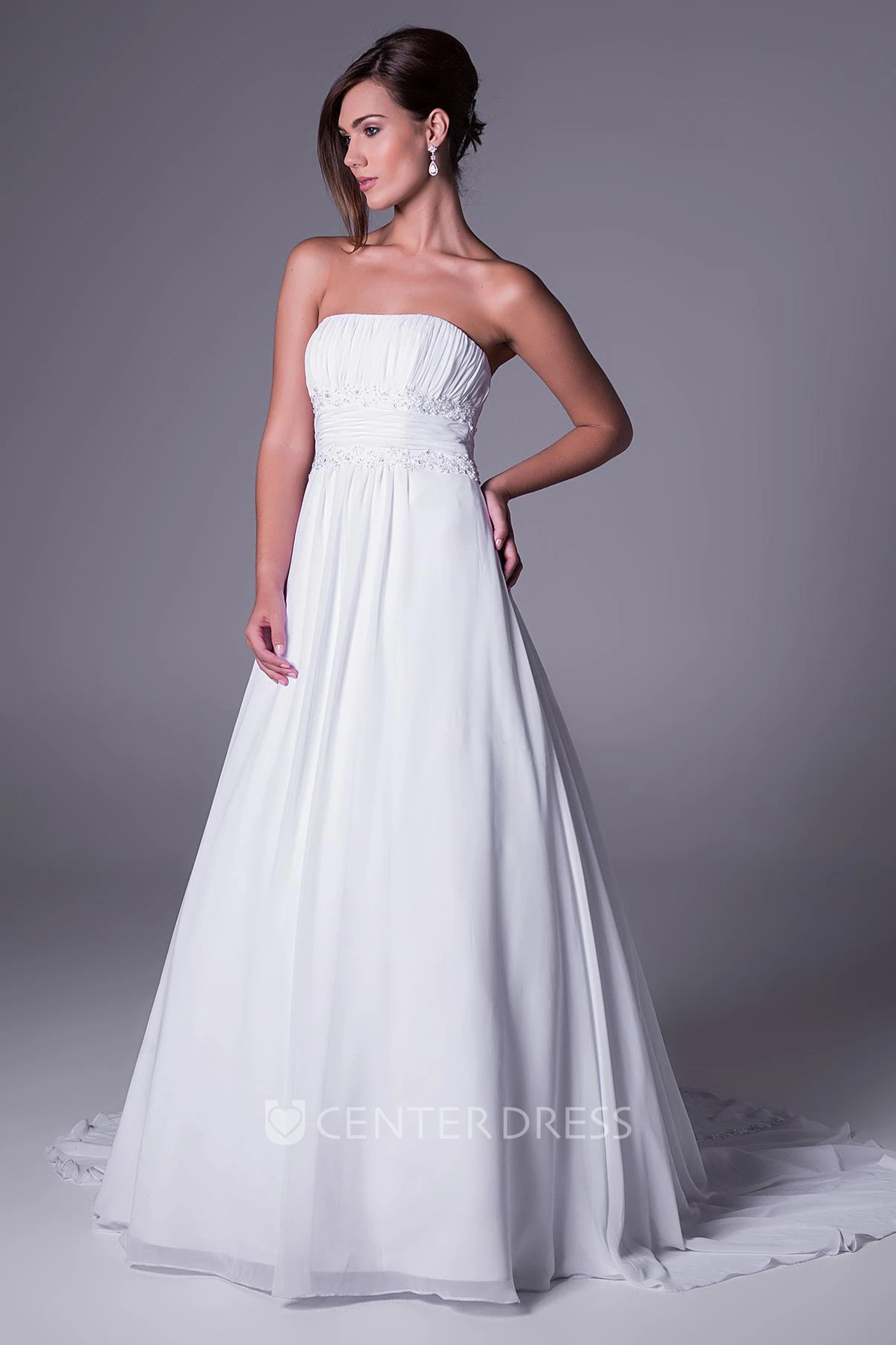 A-Line Strapless Ruched Floor-Length Sleeveless Chiffon Wedding Dress With Appliques