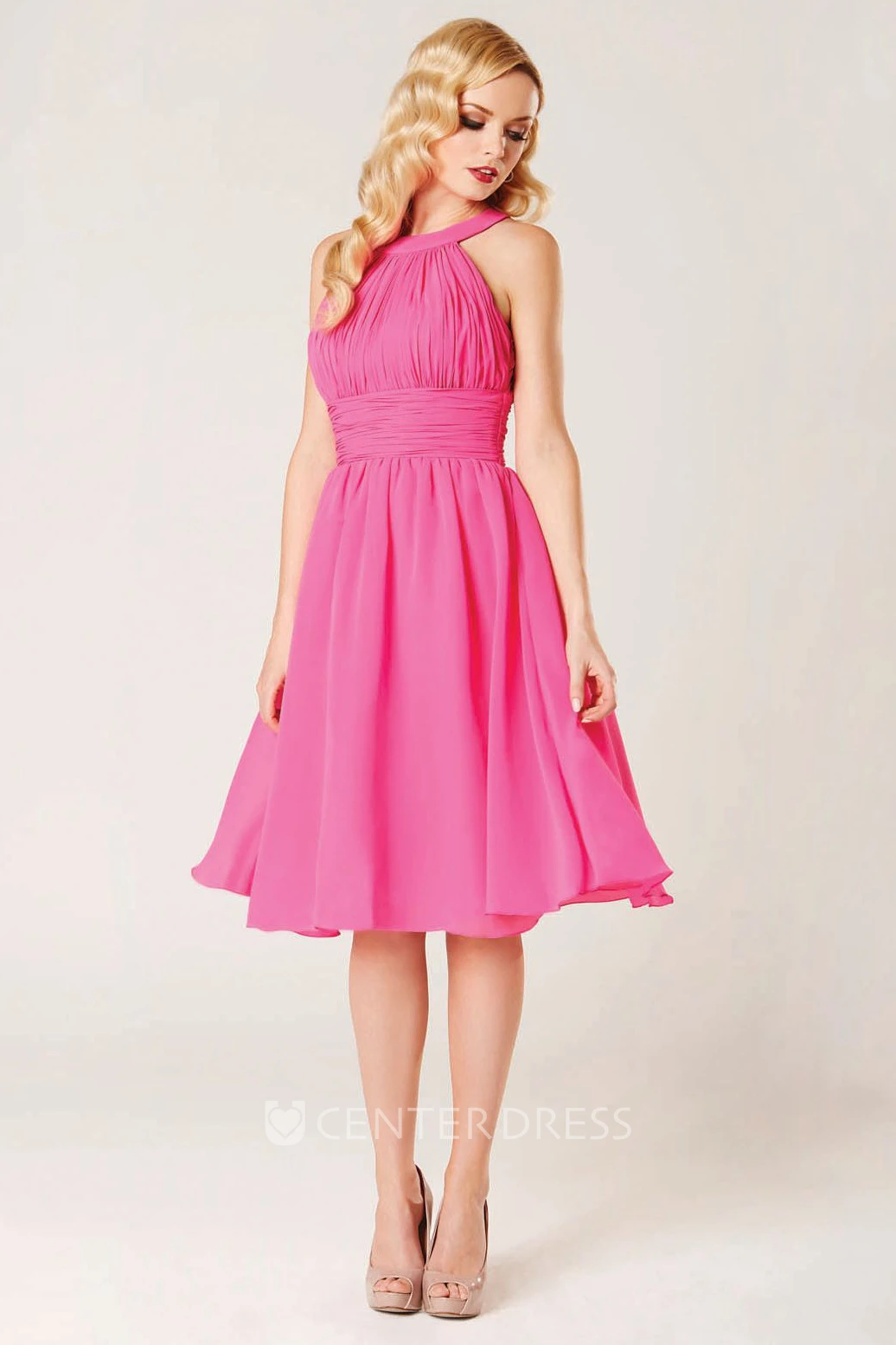 A-Line Sleeveless Scoop-Neck Ruched Midi Chiffon Bridesmaid Dress