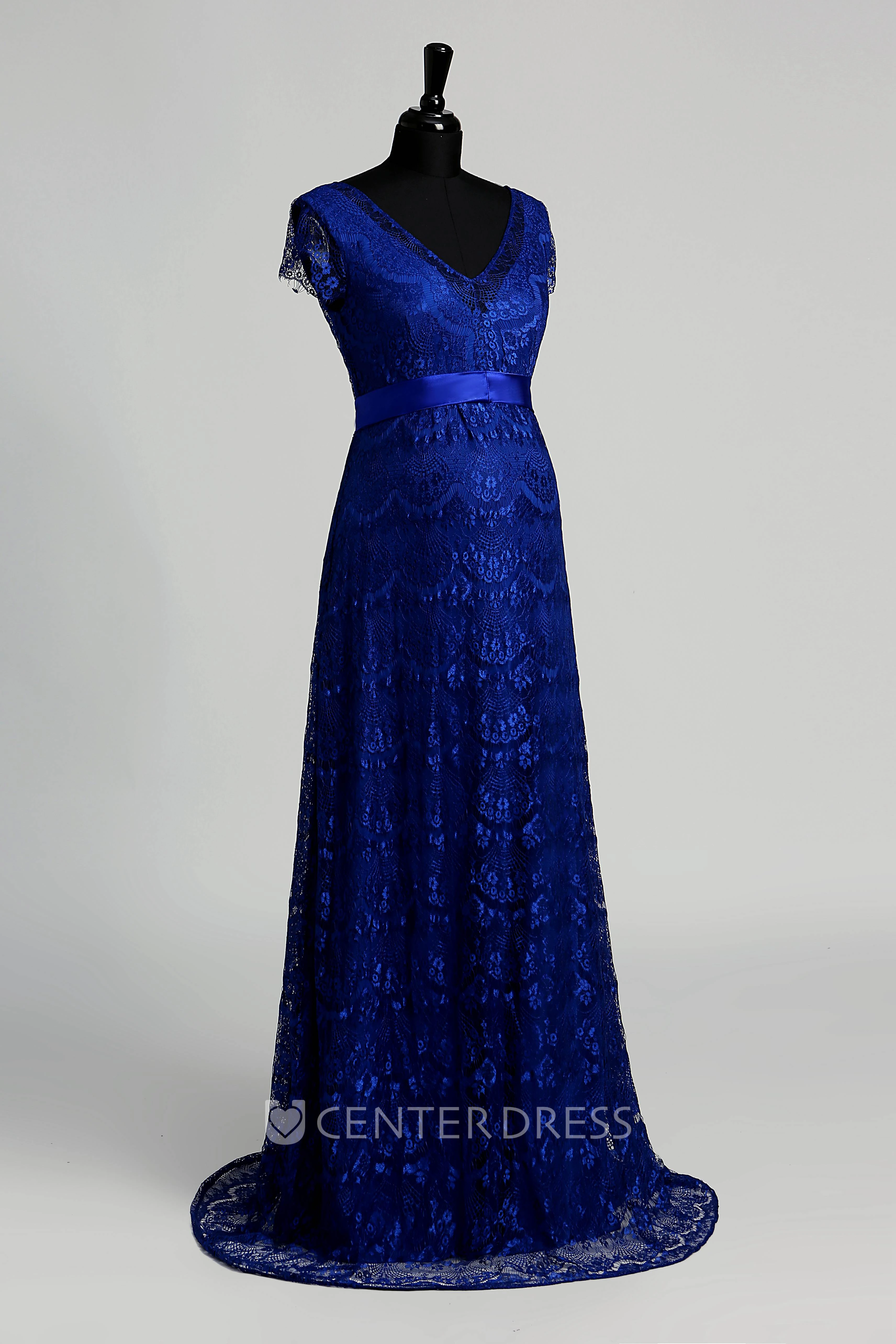 Lace A-line V-neck Cap Short Sleeve Maternity Dress with Sash/Ribbon
