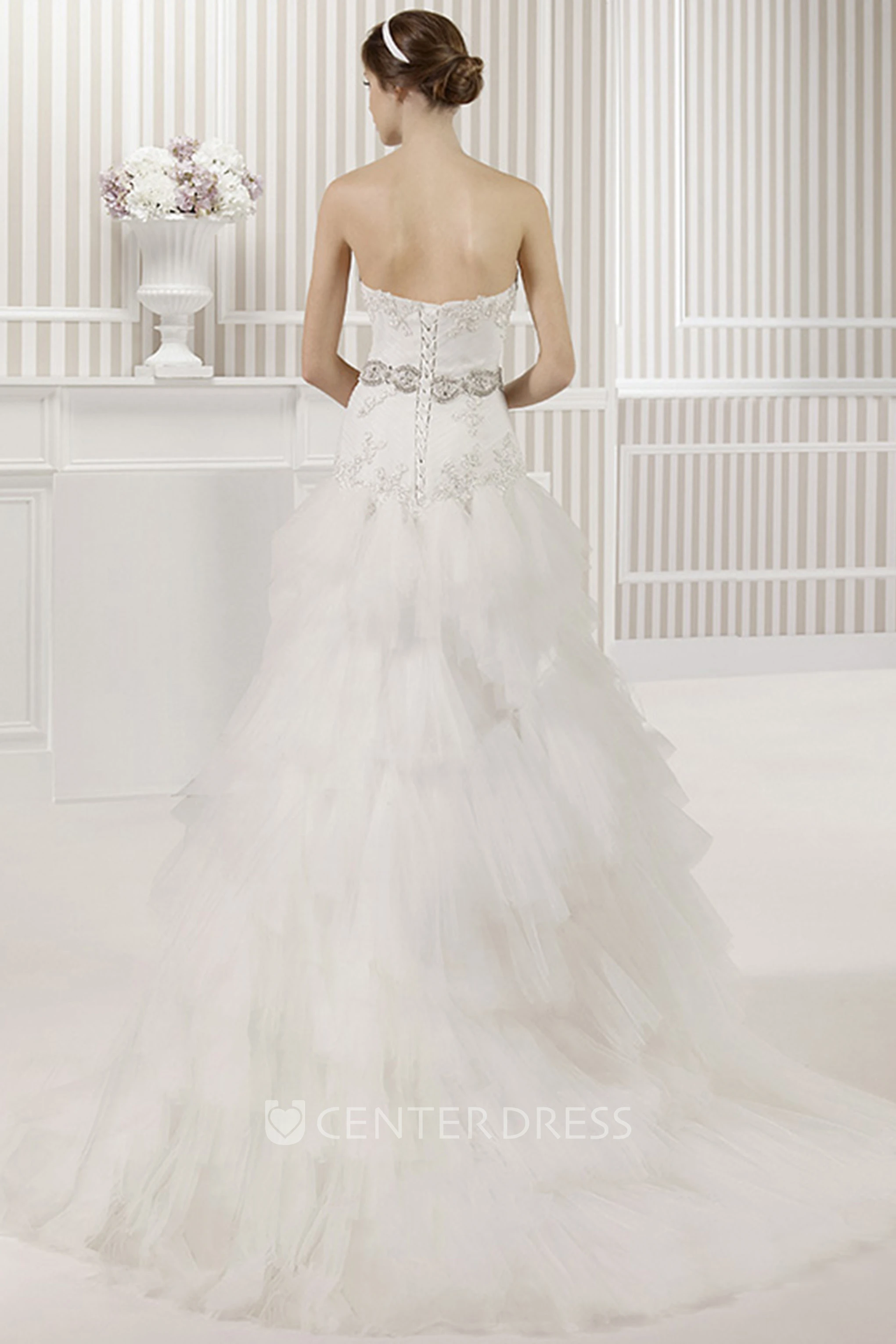 A-Line Floor-Length Sweetheart Tiered Tulle Wedding Dress With Beading And Corset Back