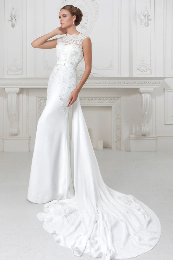 Sheath Cap-Sleeve Bateau-Neck Appliqued Long Satin Spring Wedding Dress