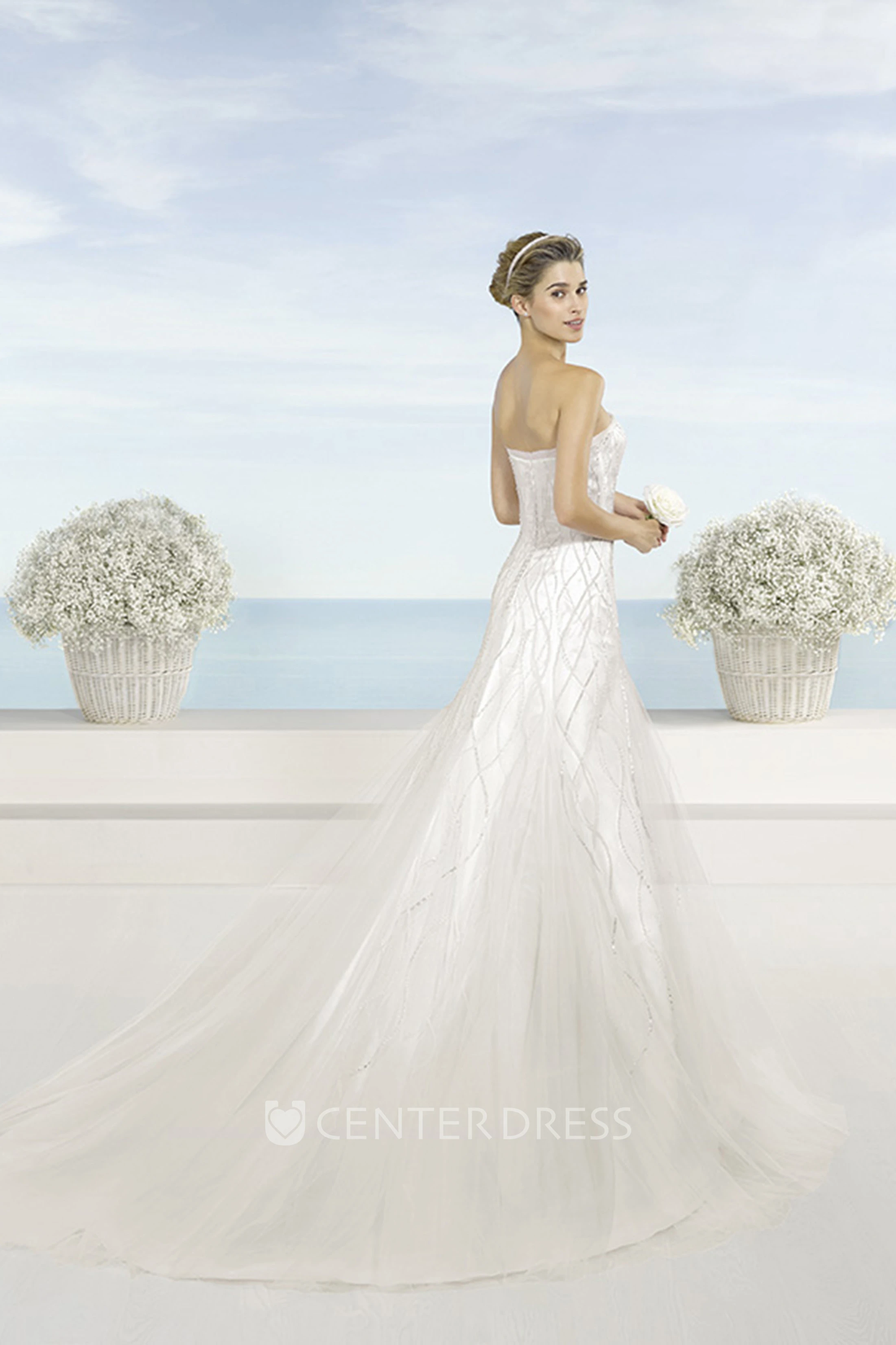 A-Line Beaded Sleeveless Strapless Floor-Length Satin Wedding Dress With Court Train