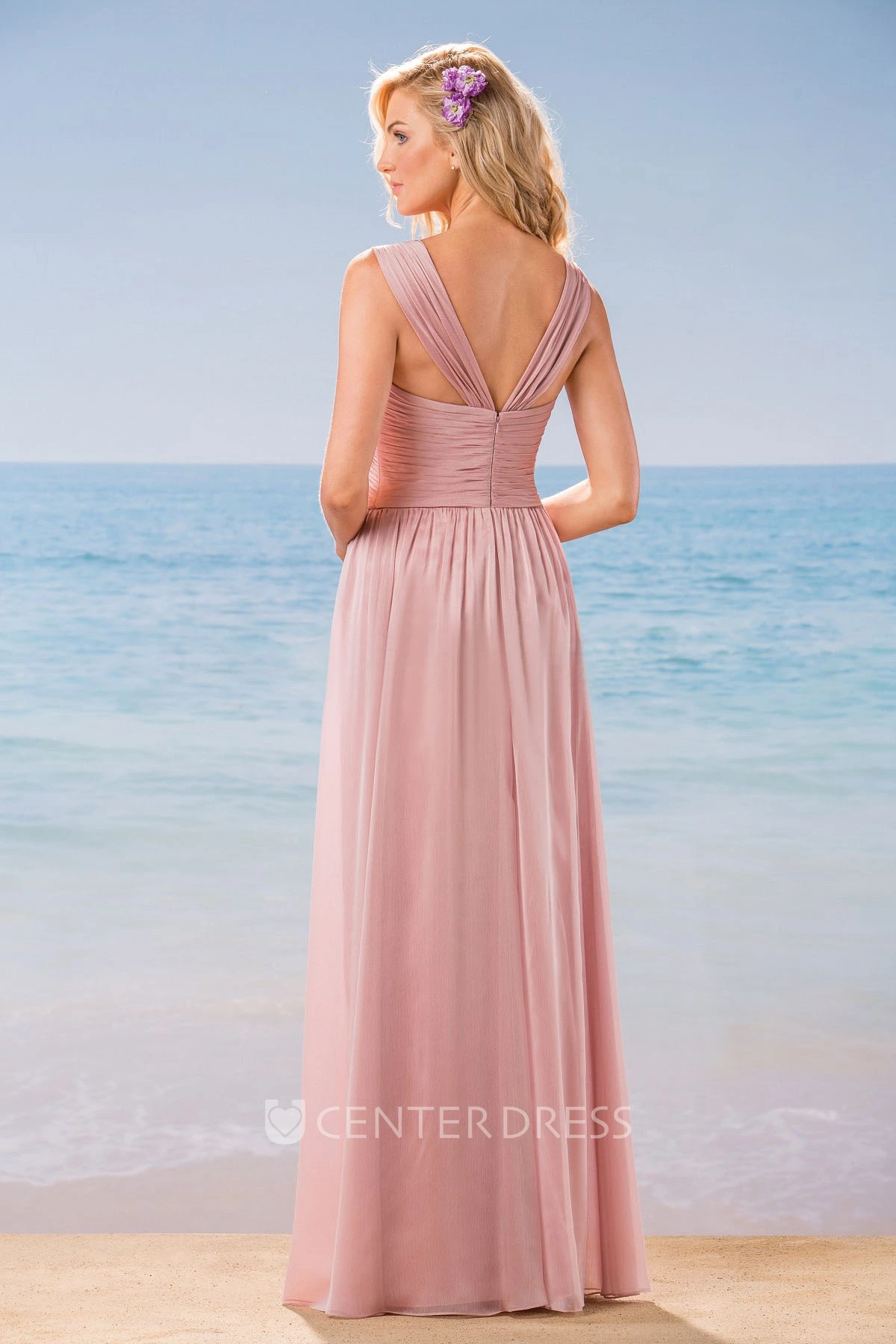 Sleeveless V-Neck A-Line Long Bridesmaid Dress With Pleats And V-Back